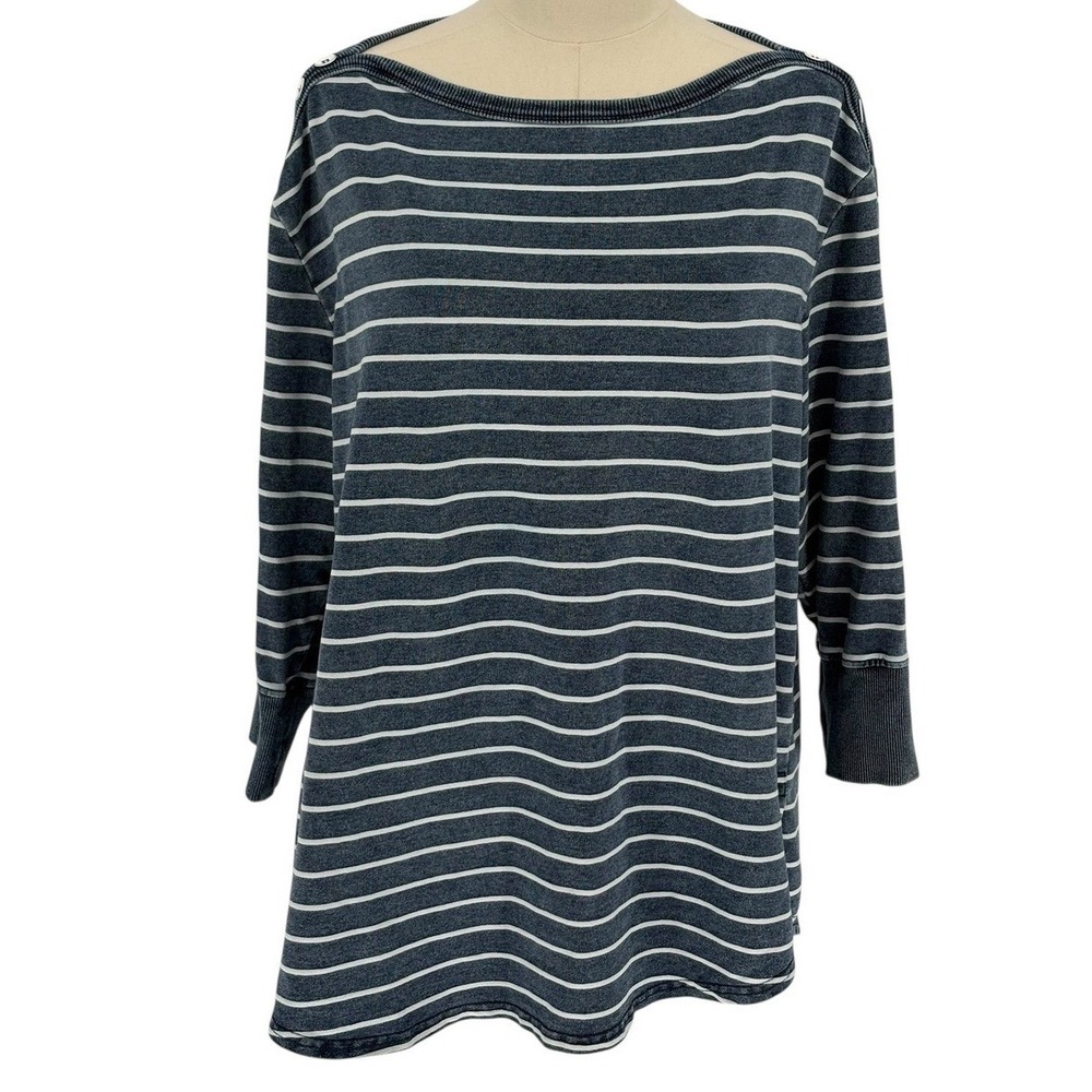 Jane and Delancey Striped Knit Top Navy Blue Button Shoulder Boatneck Size L